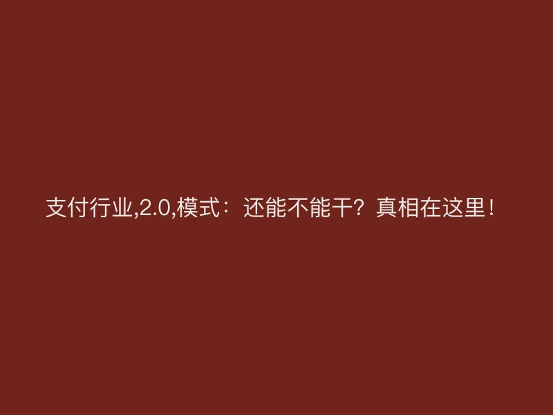 支付行业,2.0,模式：还能不能干？真相在这里！